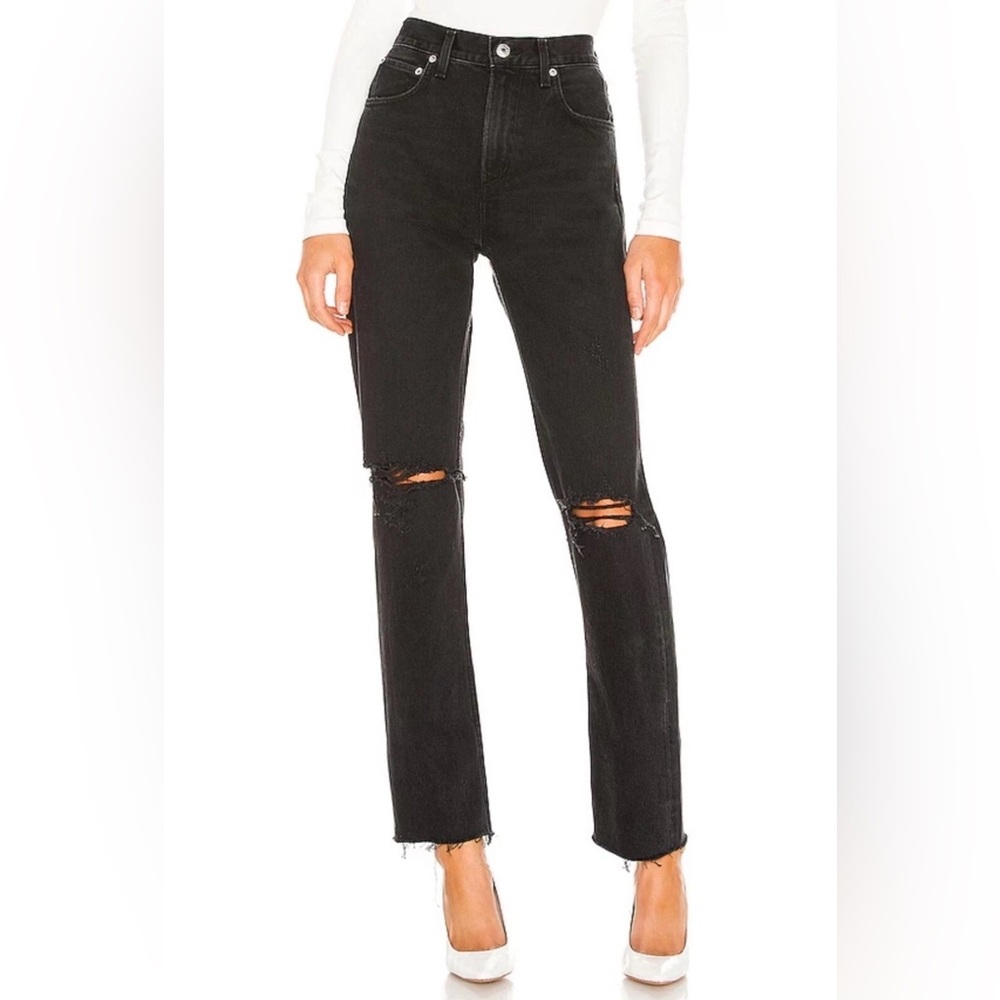 NWT AGOLDE Cherie High Rise Straight Jeans in Distressed Black Size 23